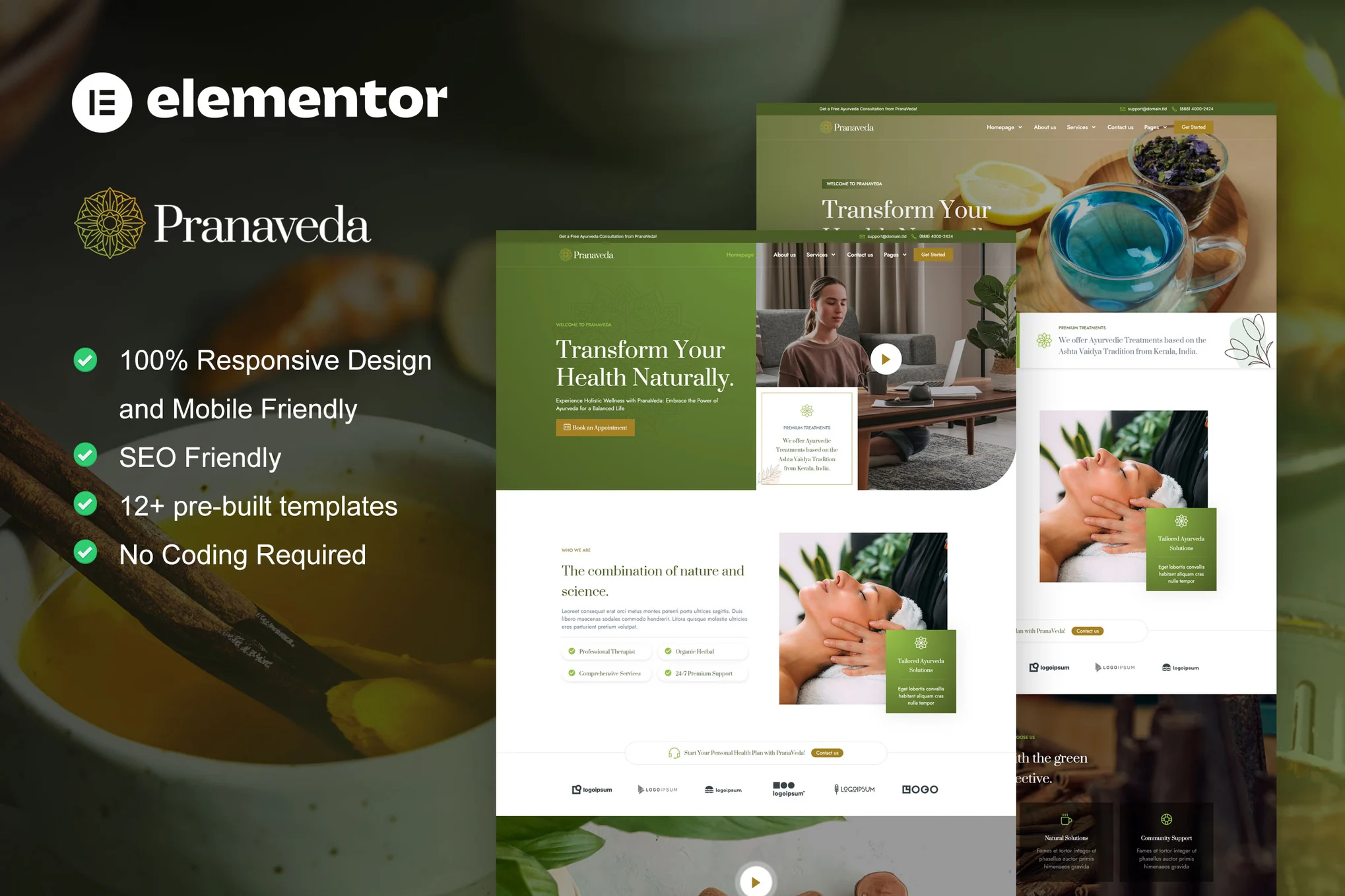 PranaVeda-阿育吠陀治疗和水疗 Elementor Pro 模板套件