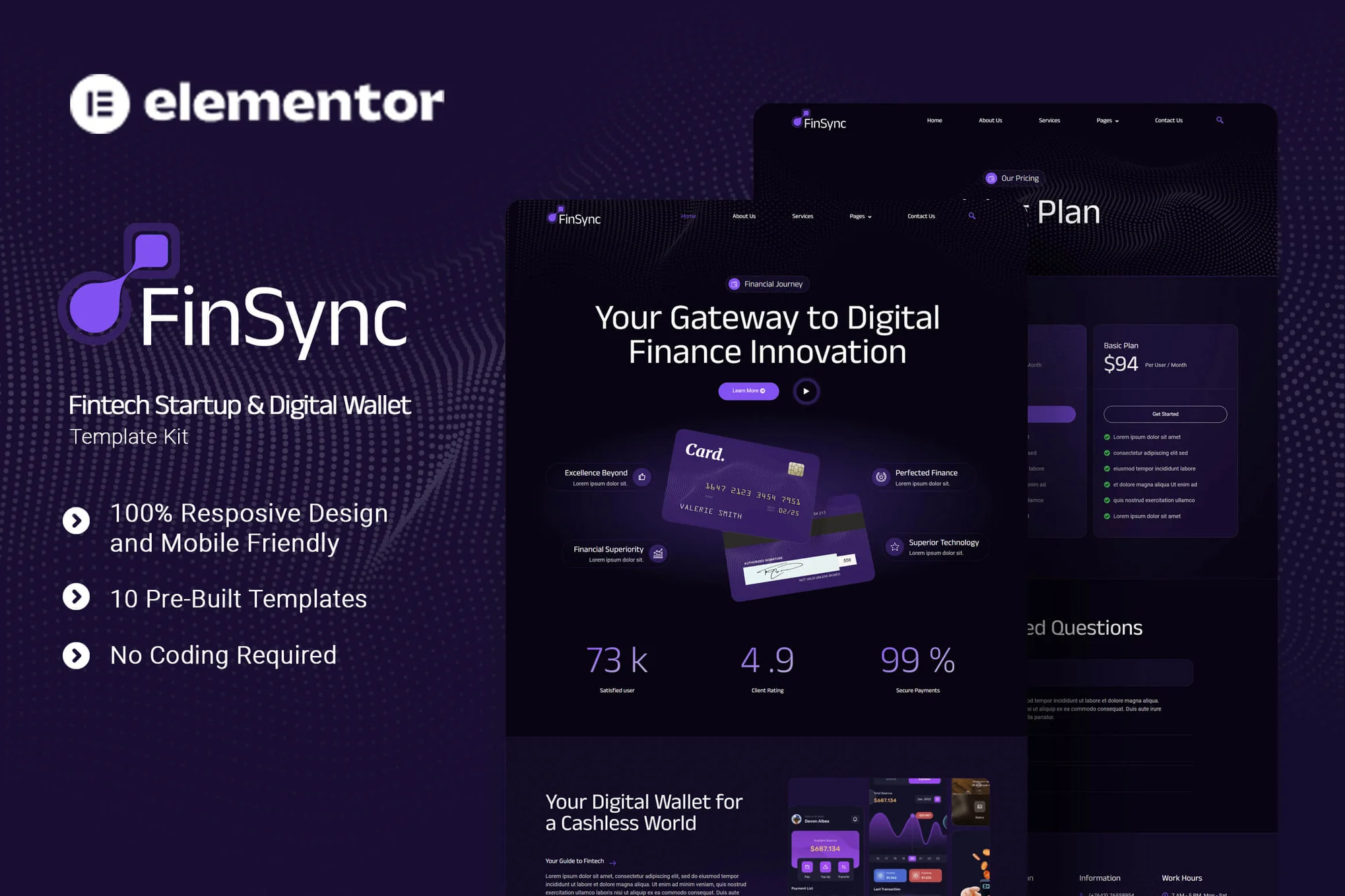 FinSync – 金融科技初创公司和数字钱包 Elementor 模板套件