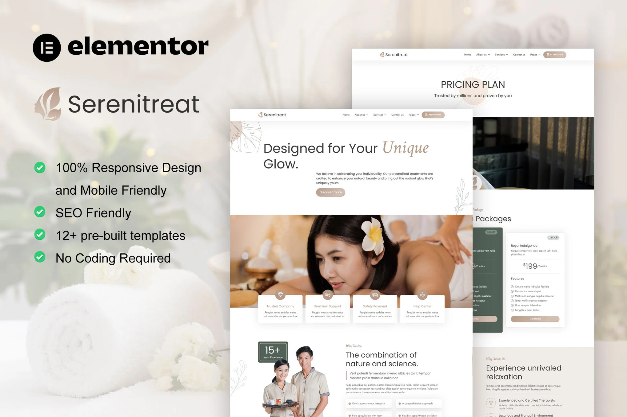 SereniTreat – Spa 和美容护理 Elementor Pro 模板套件