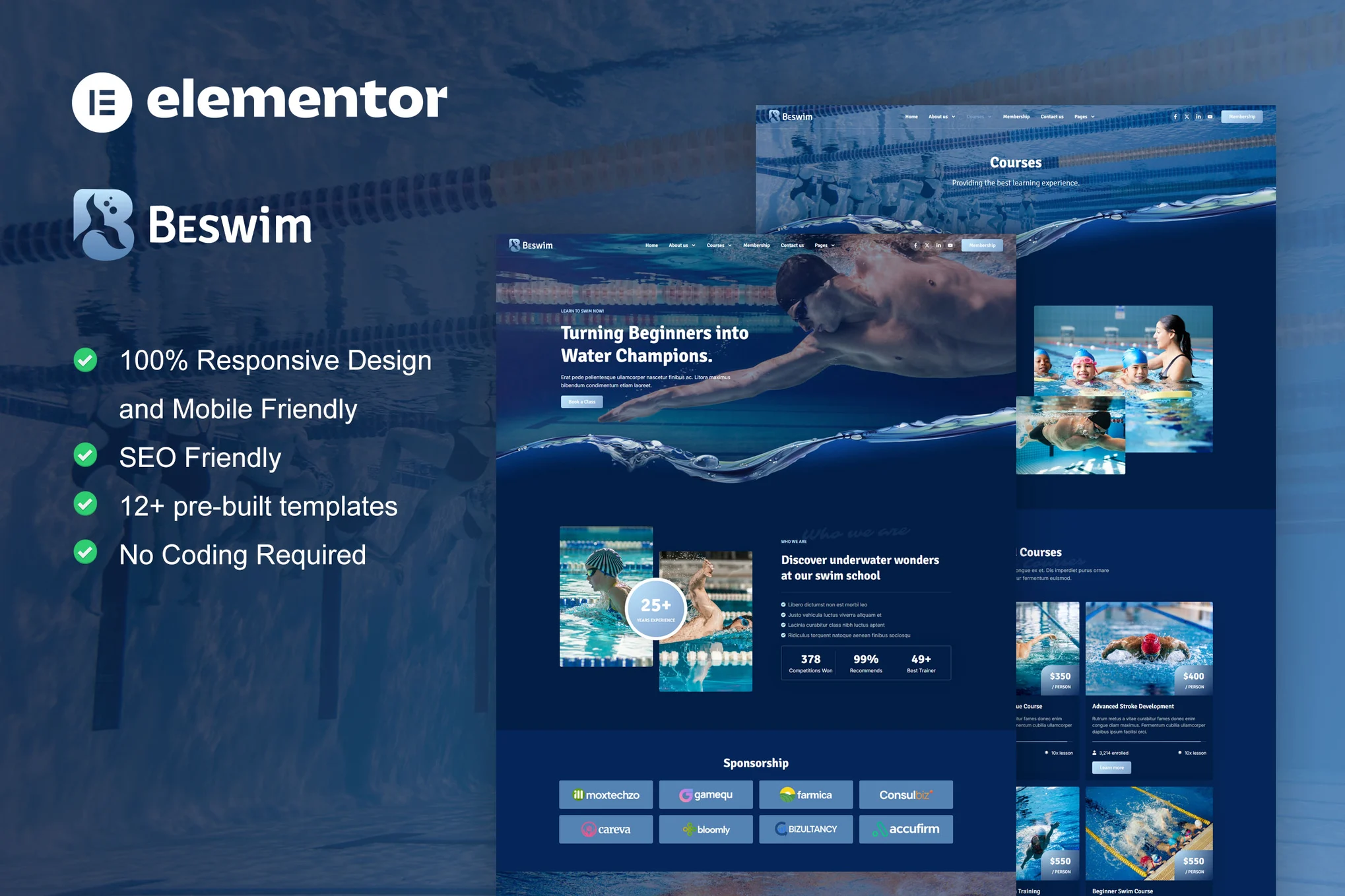 Beswim – 游泳课程和训练 Elementor Pro 模板套件